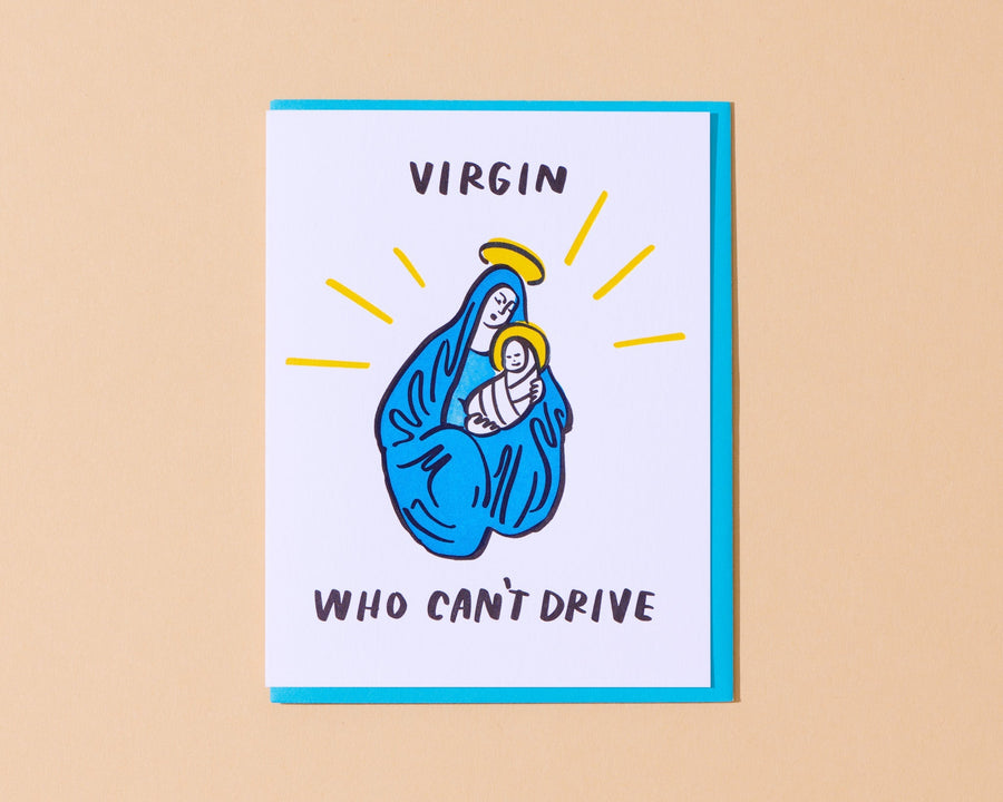 Virgin (Mary) Who Can't Drive Christmas Card-Greeting Cards-And Here We Are