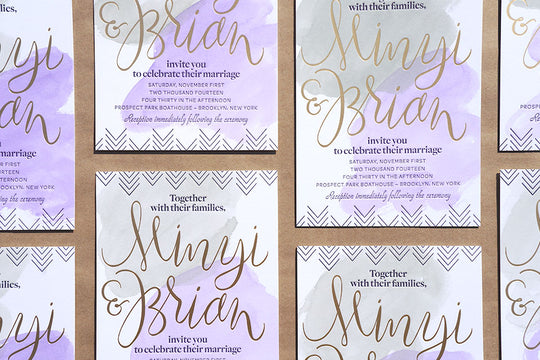 Watercolor Gold Foil Letterpress wedding invitation AND HERE WE ARE