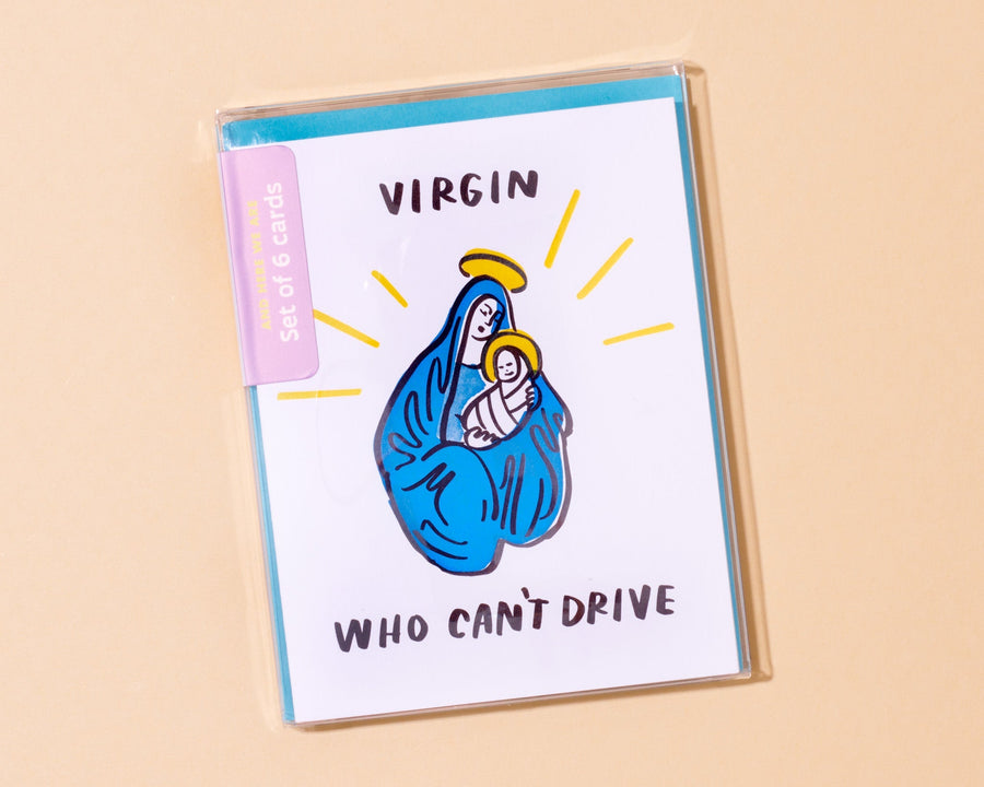 Virgin (Mary) Who Can't Drive Christmas Card-Greeting Cards-And Here We Are